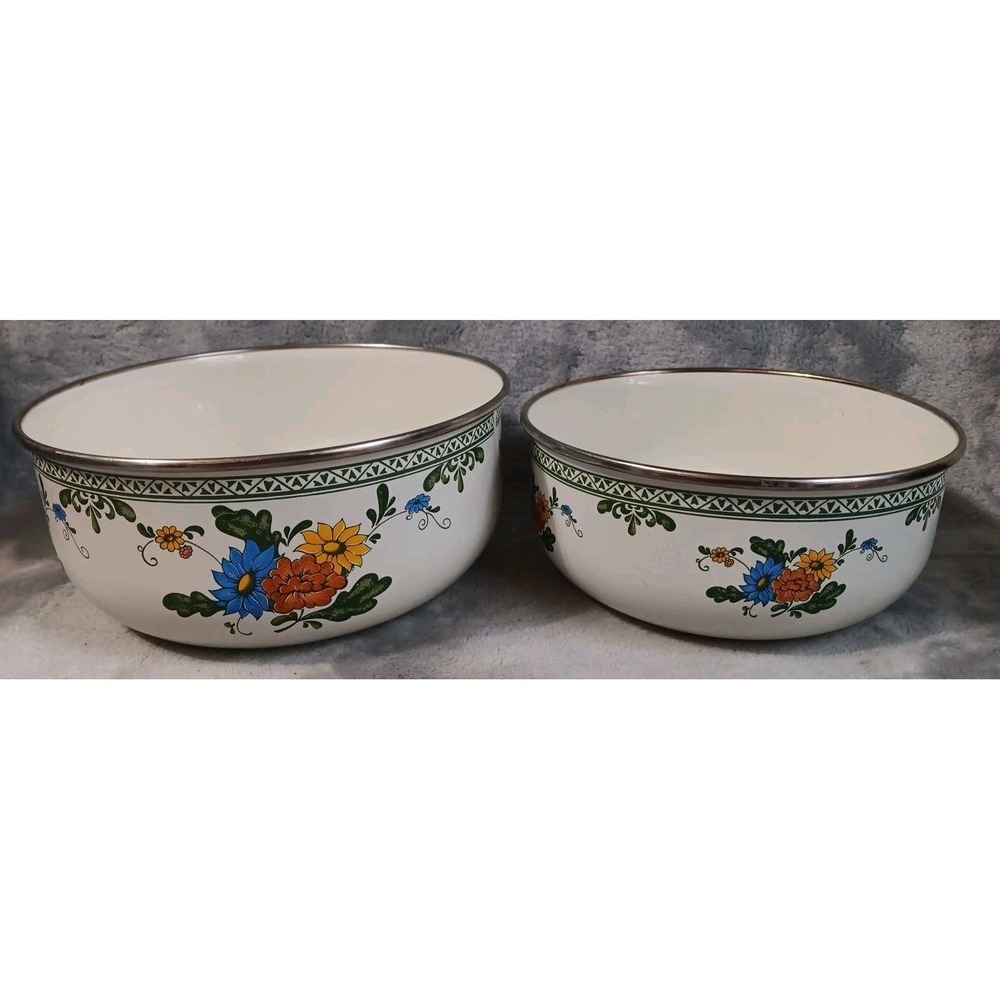 2 Vintage Enamal Mixing Bowls Green‎ Leaves Orange Yellow Blue Flowers